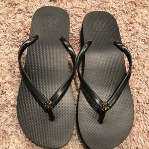 Black Tory Burch wedge flip flops